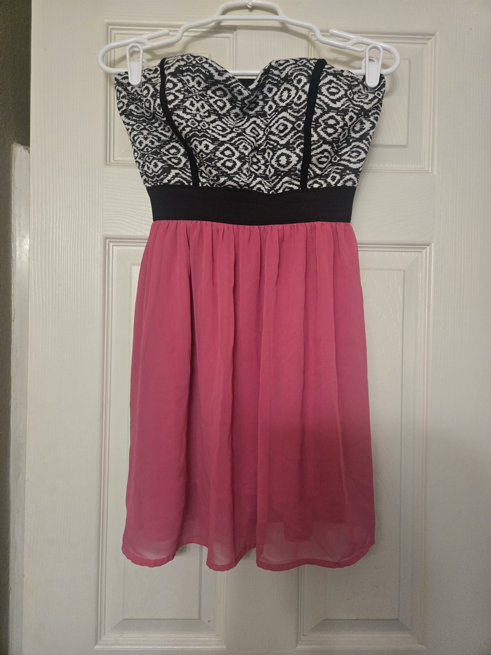 Strapless Black & Pink Patterned Bodice Chiffon Dress